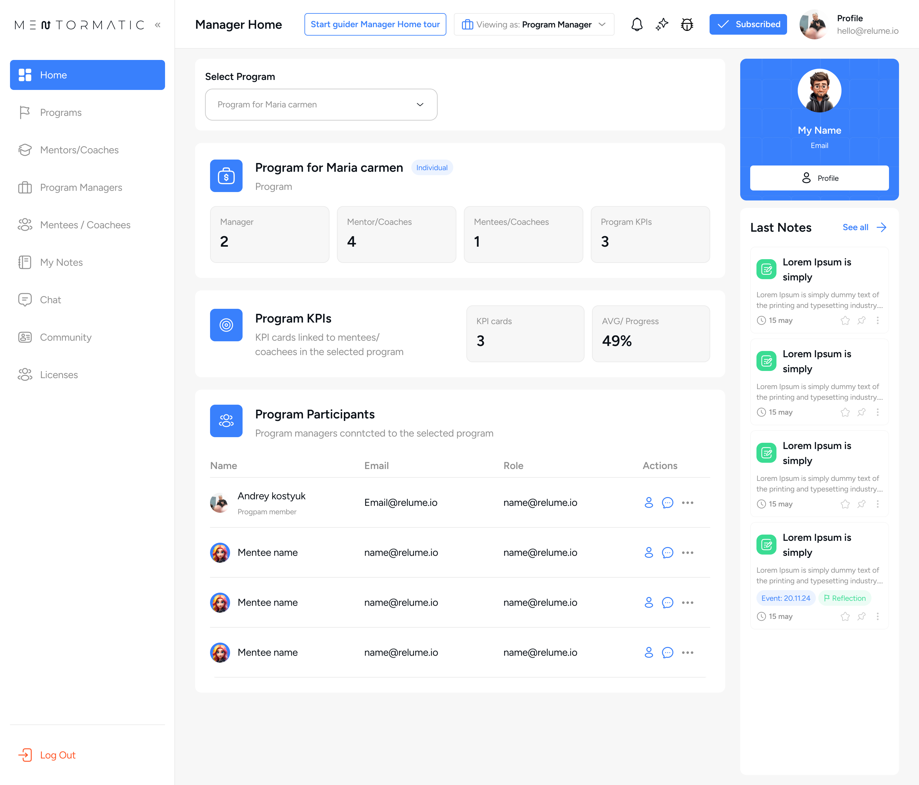 MentorMatic Platform Dashboard Screenshot